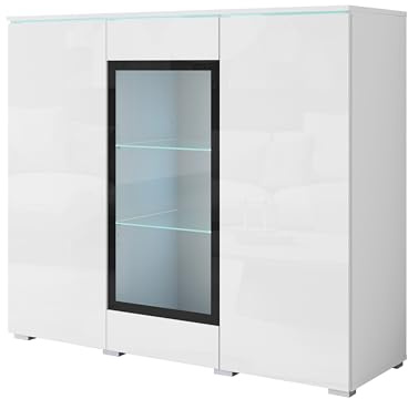 MINIO go for it - Buffet Salle a Manger Veve, Buffet Haut 120 cm Longueur, Meuble Vitrine Blanc Laqué/Blanc Mat - avec éclairage LED