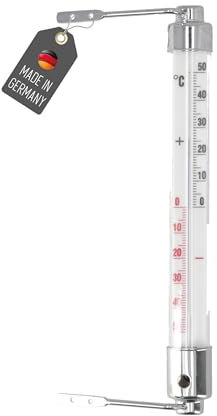 Lantelme Thermomètre de fenêtre avec affichage de la température + - 50 °C analogique et 20 cm de long - Matériau : verre et métal chromé - Thermomètre à fixer à l'extérieur sur le cadre de la fenêtre