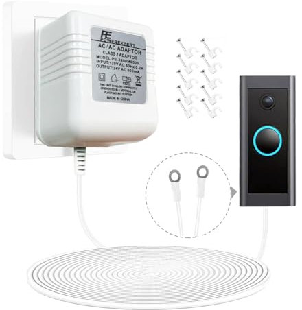 24V 500mA Doorbell Transformer, AC Power Adapter with 26FT Cable, Compatible with Ring Video Doorbell Pro/2 Nest Hello Zmodo Arlo Eufy and Smart Thermostats – Wired Power Supply – White