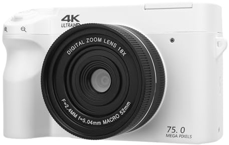 Oreilet Cámara Digital, 75MP 4K HD 18 Zoom CCD Vlog WiFi Cámara con Doble y Trasera para Fotografía, Que Admite una Tarjeta Memoria 128 GB, para Estudiantes Principiantes (White)