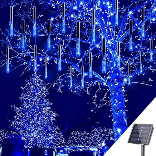 EctronyX Guirnalda de Luces Solares en Forma de Lluvia de Meteoros, 144 LED 8 Tubos IP65 Impermeable, Luz Solar Exterior para Jardín, Patio, Bodas, Navidad y Decoración de Fiestas