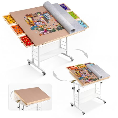 Tektalk Mesa de rompecabezas plegable de 2000 piezas con ajuste de ángulo y altura, tablero de rompecabezas con 2 cubiertas de fieltro y 6 cajones de clasificación, caballete de rompecabezas con patas