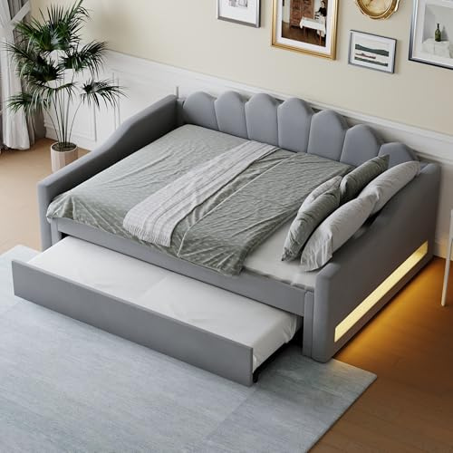 Fppuueg Divano Letto Imbottito Letto Matrimoniale 140x200 cm con Letto Estraibile 90x190 cm, Letti Matrimoniali con LED, Struttura Letti con Doghe in Legno, Grigio, Lino, Senza Materasso