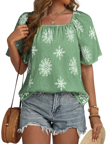 IEEILULU Blusas Bohemias de Verano para Mujer, Blusas holgadas con Cuello Cuadrado y Estampado Floral, túnicas Informales para Vacaciones en la Playa, Camisas Verdes y Blancas L