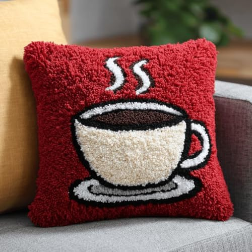AxiangziK Kit Cuscino Con Gancio Di Chiusura,Tazza da caffè dei cartoni animati,Kit Federa Per Cuscino Con Gancio Di Chiusura,Da Ricamo Prestampato Set Di Tappeti,43x43cm