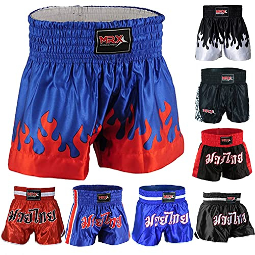 MRX Boxing Shorts for Men Training Fighting Muay Thai Shorts Boxing MMA BJJ Short Kickboxing Trunks Clothing Blue/Red Flame Large
