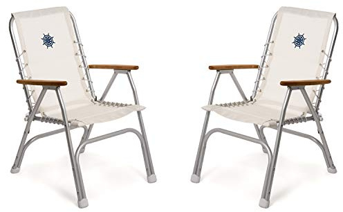 FORMA MARINE Boat Chairs High Back White Vinyl MESH Fabric Deck Folding Marine Aluminum Teak Furniture Set of 2 M150VW