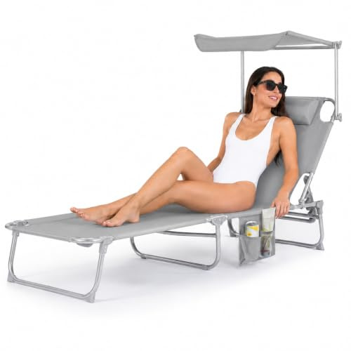 LIVIVO Folding Lounger Garden Chairs with Shade - Sturdy Zero Gravity Recliner Chairs with Side Pouch & Adjustable Headrest, Foldable Sunlounger, Lightweight Outdoor Chair Sunbed - Grey