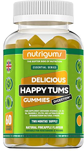 Happy Tums Probiotic Complex Gummy | 1.125 Billion CFU Triple Strain Probiotics, Vitamin C, B3, B5, B6 & Chamomile 1000mg | Pineapple Flavour | 60 Vegan Gummies | Gut & Digestive Health by NUTRIGUMS®