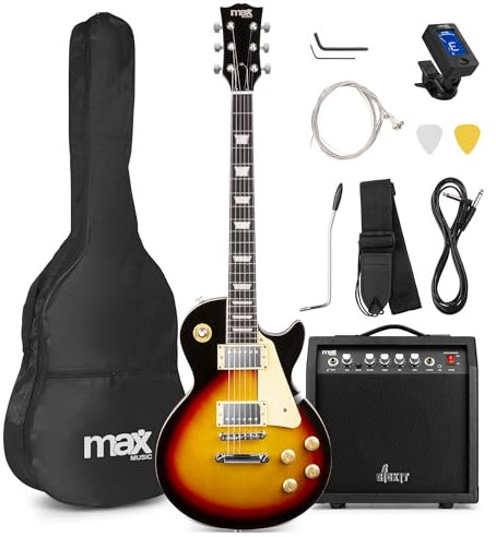Max GigKit LP Style Beginner Electric Guitar Pack - Sunburst with 40W Amplifier, Digital Tuner & Accessories, Ideal Starter Guitar Set for Rock, Blues & Jazz Players