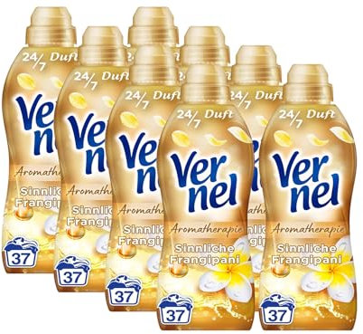 VERNEL Aromatherapie Sinnliche Frangipani Weichspüler 8x 37 WL (296 Waschladungen), langanhaltender Wäscheduft mit ätherischen Ölen für 24/7 Frische, recycelbare Flasche