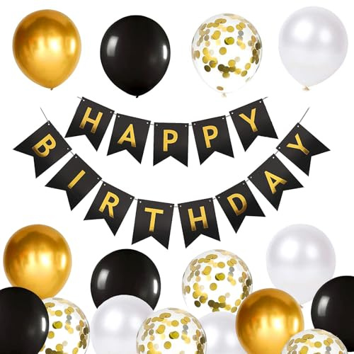 Happy Birthday Banner and Decoration - Black & Gold Balloons, Ribbons and Banners for Party Supplies