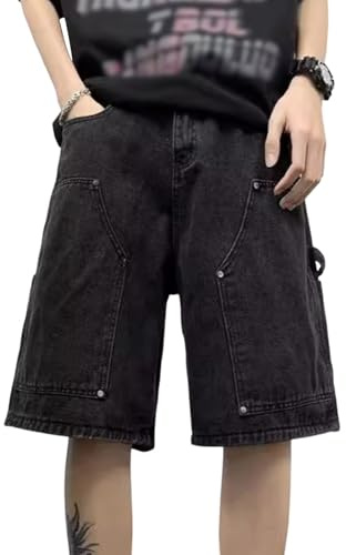 shownicer Pantaloncini Jeans da Uomo Pantaloncini Hipster Baggy Jeans Cargo Vintage Pantaloni Corti Streetwear Hip Hop retrò Pantaloni da Skate C Nero L