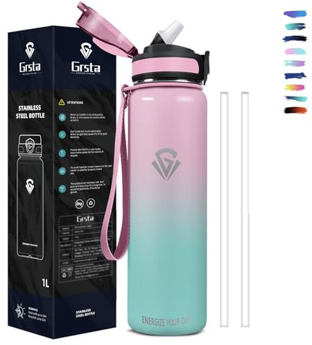Grsta Gourde, Gourde Isotherme 1l, Sans BPA,Gourde Inox avec Paille, Double Paroi Isolante, Gourdes de Camping et Randonnée Anti Fuite, Facile à Ouvrir, Bouteille pour École, Bureau, Outdoor, Sport