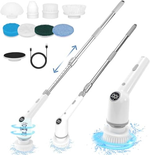 Gevvnss Spazzola Rotante Pulizia Casa 8 in 1,Spazzola Elettrica Rotante per Pulizia con Maniglia Regolabile,3 Marce Regolabili,per Cucine,Auto,Pavimenti e Superfici del Bagno