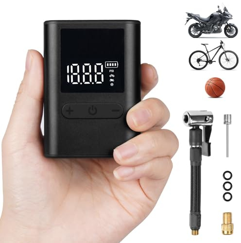 Flintronic Tiny Pump Mini Bomba para Bicicleta, Portátil Bomba de Bicicleta con Bateria, con Accesorio de Válvulas, Pantalla LCD Digital, 100PSI, 500mAh, para Bicicletas, Motos, Pelotas