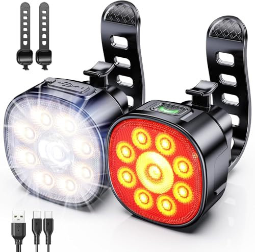 2 Stück Fahrradlicht, Hohe Lumen Super Helles Fahrradlicht, 8+7 Modi Fahrradscheinwerfer und Rücklicht-Set, IP65 wasserdichte Fahrradlichter, Kann auch als Kinderwagen Licht/Helm Licht/Rucksack Licht