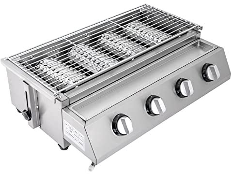 Tragbarer Camping Gasgrill aus Edelstahl mit 4 Temperaturregler, Höhenverstellbar Tischgasgrill mit Elektronische Zündung, 4 Brenner Camping Gas Barbecue Grill mit Tablett für Balkon, Garten