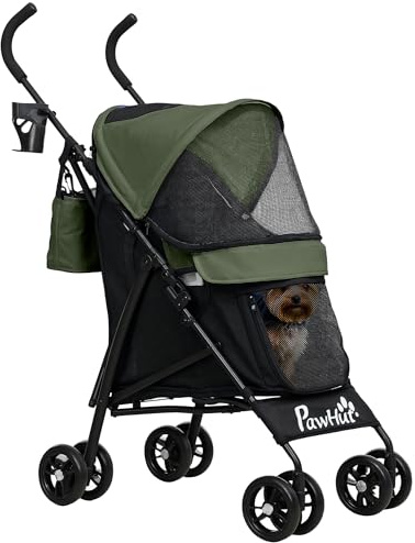 PawHut Passeggino per Cani di Taglia Piccola Pieghevole con Guinzagli, Borsa Portaoggetti e Portabicchieri, Passeggino per Animali con Finestre in Rete, 76x44x103 cm, Nero e Verde Scuro