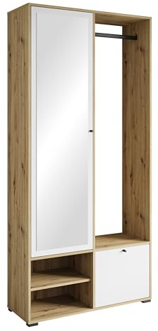 MINIO go for it - Garderobe Set 90 cm Breit, Flurgarderoben Set DAFNI mit Spiegel, Garderoben Set mit Ablage und Schuhschrank, Garderobenschrank Flur, Vorzimmer Möbel, Farbe: Artisan Eiche/Weiß