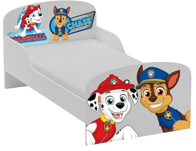 Leomark Bekväm PAW Patrol, barnsäng med madrass och ribbotten, enkelsäng i trä, 140 x 70 cm, grå med tecknade motiv, perfekt för barnrummet, motiv (PAW Patrol 10)
