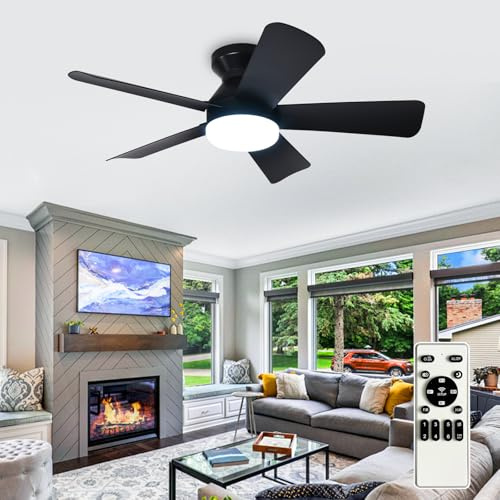Depuley Modern Ceiling Fan with Light: 35-Inch Black Small Fans for Bedroom Indoor Outdoor - Dimmable Flush Mount Low Profile Ceiling Fans with Remote Control 5 Reversible Black Blades 6 Speeds Timer