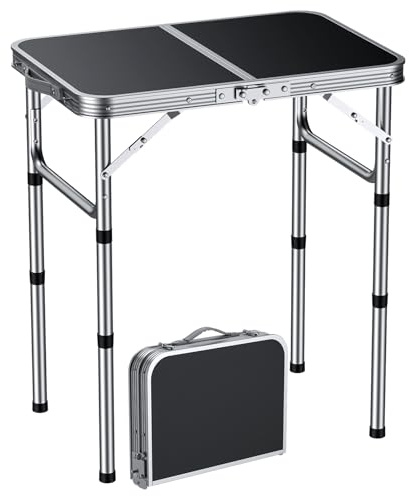 EYPINS Tavolo da Campeggio Pieghevole,58 * 40cm,3 Impostazioni di Altezza Regolabili(25/50/70cm),con Manico, Piano MDF,Tavolo Pieghevole Salvaspazio per Picnic, Campeggio e Gardino,Nero