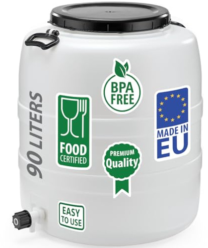 F & R Regentonne 90l mit Griffen, Auslaufhahn und Spannring mit Deckel HDPE lebensmittelecht Stabiler Wasserbehälter Regenfass Wassertank Garten Frischwassertank