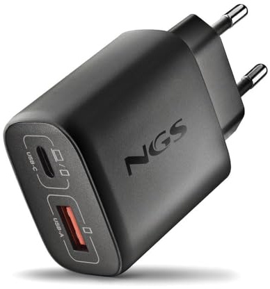 NGS EON 45W Black – Cargador de Pared ultrarrápido con 2 Puertos USB-C (PD & PPS 45W) y USB-A (QC 3.0 18W) Carga Simultánea para Smartphones, Tablets y Laptops - Tecnología GAN Ignífuga