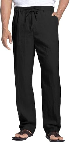 Cegerne Pantaloni di Lino Uomo Estivo Lungo Leggero Casual, Vita Elastica Zip e Coulisse, Tasche Traspiranti per Spiaggia Vacanze Quotidiano, Nero, L