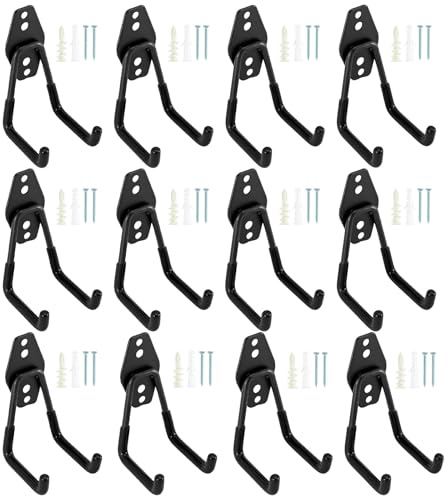 Heavy Duty Garage Storage Hooks, 3 Pack Double Wall Mount Hooks with Anti-Slip PVC Coating, Iron Utility Organizer Hooks for Garden Tools, Ladders, Bikes, Hoses, Orange/Black/Blue (BLACK(12PCS))