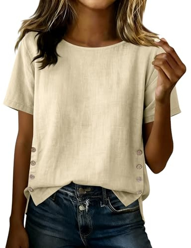 Top Femme Coton Et Lin Chemises Femmes Lin Manches Courtes Tee Shirts Couleur Unie Décontractée Huats Col Round T Shirts Boutonné Blouse Femme Chic Et Élégant Tunique Top Coupe Ample