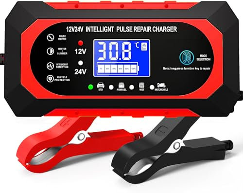 10A Ladegerat Autobatteri, 12V/24V Smart vollautomatische KFZ Batterie Ladegerät mit LCD-Bildschirm, geeignet für Auto LKW Motorrad Rasenmäher Boot Marine Batterien
