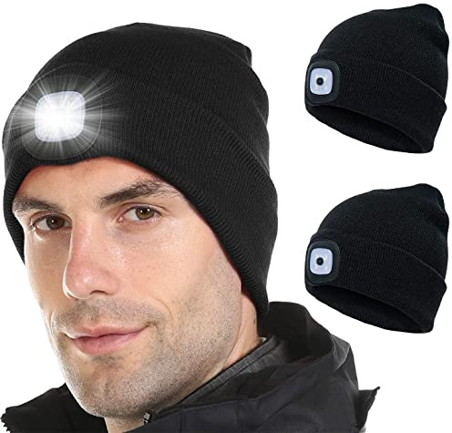 JFAN Cappello Lavorato A Maglia da Uomo Unisex LED con Torcia Inverno Tinta Unita Illuminato Sci Caldo Cappello in Pelle di Melone Beanie cap Nero+Nero Taglia Unica