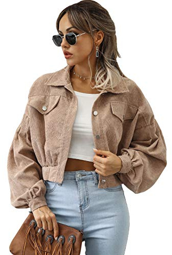 Qiaomai Womens Cropped Corduroy Jacket Loose Button Down Puff Sleeve Shacket Coat (Khaki-M)