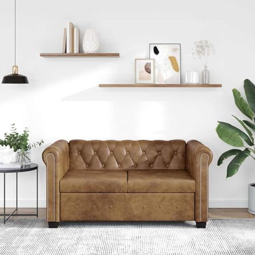 Tidyard Sofá Chesterfield de 2 Plazas - Sillón Chester de Lujo para Sala - Cuero Artificial Marrón - 145,5 x 76 x 70 cm