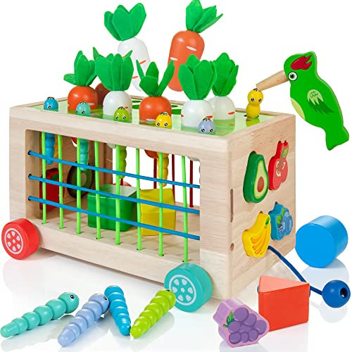 WOODMAM Montessori Spielzeug ab 1 Jahr, 6-in-1 Sortieren & Stapeln Aktivität Würfel Wagen mit Bändern, Karottenernte & Obst Match, Lernspielzeug Geschenk für Jungen Mädchen 1-3 Jahre älter