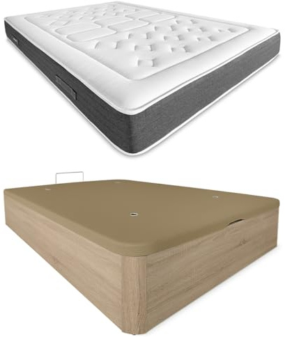 DUÉRMETE ONLINE Cambria Matratze, viskoelastisch, Bio-Natur, Dicke 24 cm + Boxspringbett aus Holz, hohe Kapazität, Farbe, 90 x 190 cm