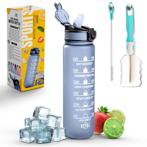 K-MART Sports Water Bottle with Straw and Time Marking, and 32OZ Capacity - Motivational and Eco-Friendly BPA-Free Bottle for Running, Gym, Yoga, Outdoors, and Camping (Style-1, Grey)