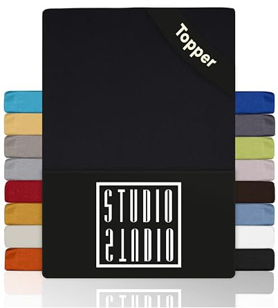 STUDIO Basic Topper Spannbettlaken 140x200cm – Jersey-Spannbetttuch aus 100 % gekämmter Baumwolle – Schwarz – bügelfrei, elastisch & Oeko-TEX Zertifiziert – für Topper 4–14 cm