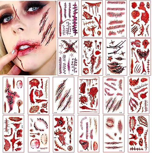 Narben Tattoo Halloween,20 Blatt Narben Kratzer Kunstblut Temporäre Tattoos Gesicht Aufkleber,Vampir Gefälschten Scab Blut Wunden Wasserdicht Tattoos für Halloween Cosplay Karneval Gesicht Schminken