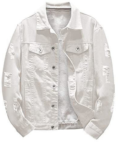 LOIJMK Denim Jacket - Men's Loose Plain Casual Jacket with Stand-Up Collar, Button Placket & Flap Pocket - White