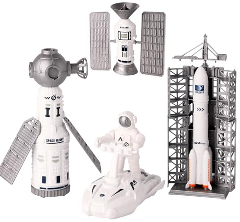 Wbzle Space Toy Kit, Spaceship Toys Set with Astronaut Figure, Double Satellite, Pointy Rockets and Launch Towers, Space Scooter, Astronaut Exploration Gift for Exploring Boys and Girls
