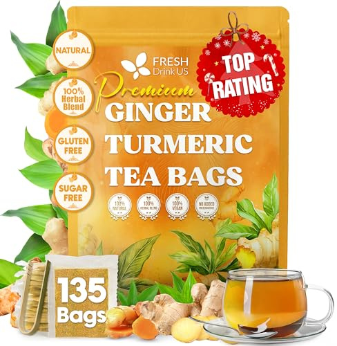 FreshDrinkUS, Premium 135 Turmeric Ginger Tea Bags, 100% Natural Ingredients, Hand-made Blend of Turmeric and Ginger Herbal Tea, Eco-conscious Tea Bags. No Sugar, No Caffeine, No Gluten, Vegan.