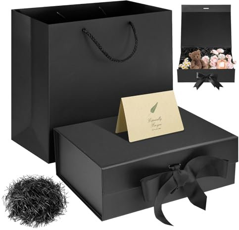 SEKEPINGO Schwarze Magnetische Geschenkbox 32,5x23x10,5cm mit Geschenkbeutel Schleife Raffia Grußkarte Große Geschenkverpackung für Hochzeit Geburtstag Muttertag Party