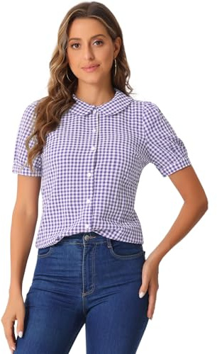 Allegra K Women Peter Pan Collar Plaid Puff Short Sleeve Blouses Purple