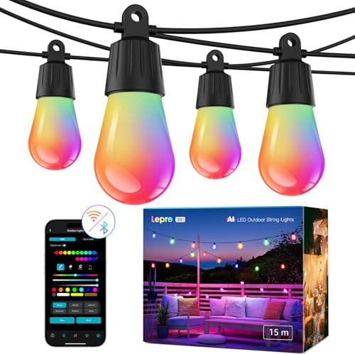 Lepro ZB1 AI Guirnalda de Luces Inteligente 15M, Cadena de Luz Exterior Navidad IP65, Diseñador de Iluminación AI Personalizado Usar con Alexa, RGBW Regulable Decoración de Jardín Balcón, No Remoto