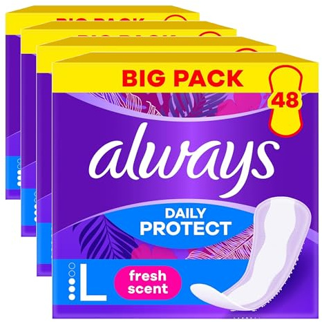 Always Daily Protect Protège-Slips Long 48 Unités, Avec un parfum frais, Confortable Avec Cœur Absorbant (Lot de 4)