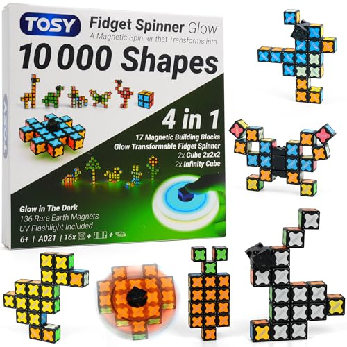 TOSY Magnet Fidget Spinner Glow - 16 blocks, 3in1 Toy: Transformable Fidget Spinner, Infinity/Puzzle Cube, Easter Birthday Gift for Kids/Adults, Glowing STEM Sensory Stress Relief
