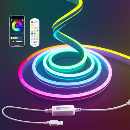 Aclorol RGB LED Neon Strip Lights 2M 5V USB Addressable LED Rope Strip Dimmable LED Neon Flex Music Sync with App Control Waterproof for Bedroom Indoor Outdoor Gaming Room Bar Party Decoration